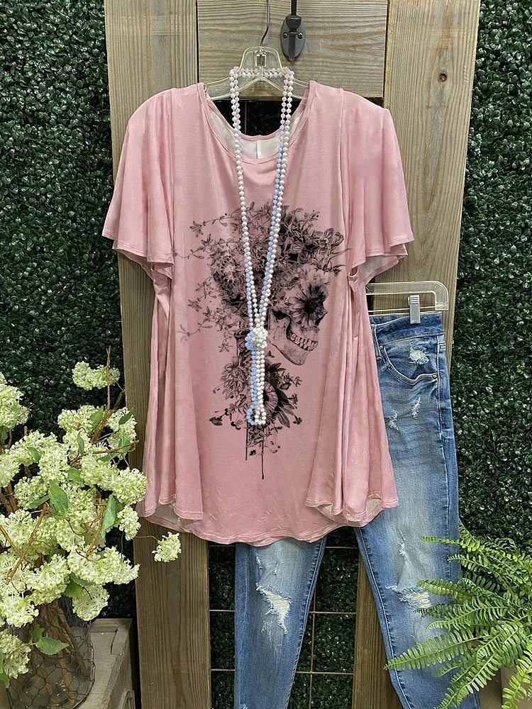 Women's Pink Skull Flower Print T-shirt-Mayoulove