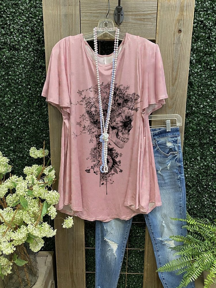 Women's Pink Skull Flower Print T-shirt-Mayoulove