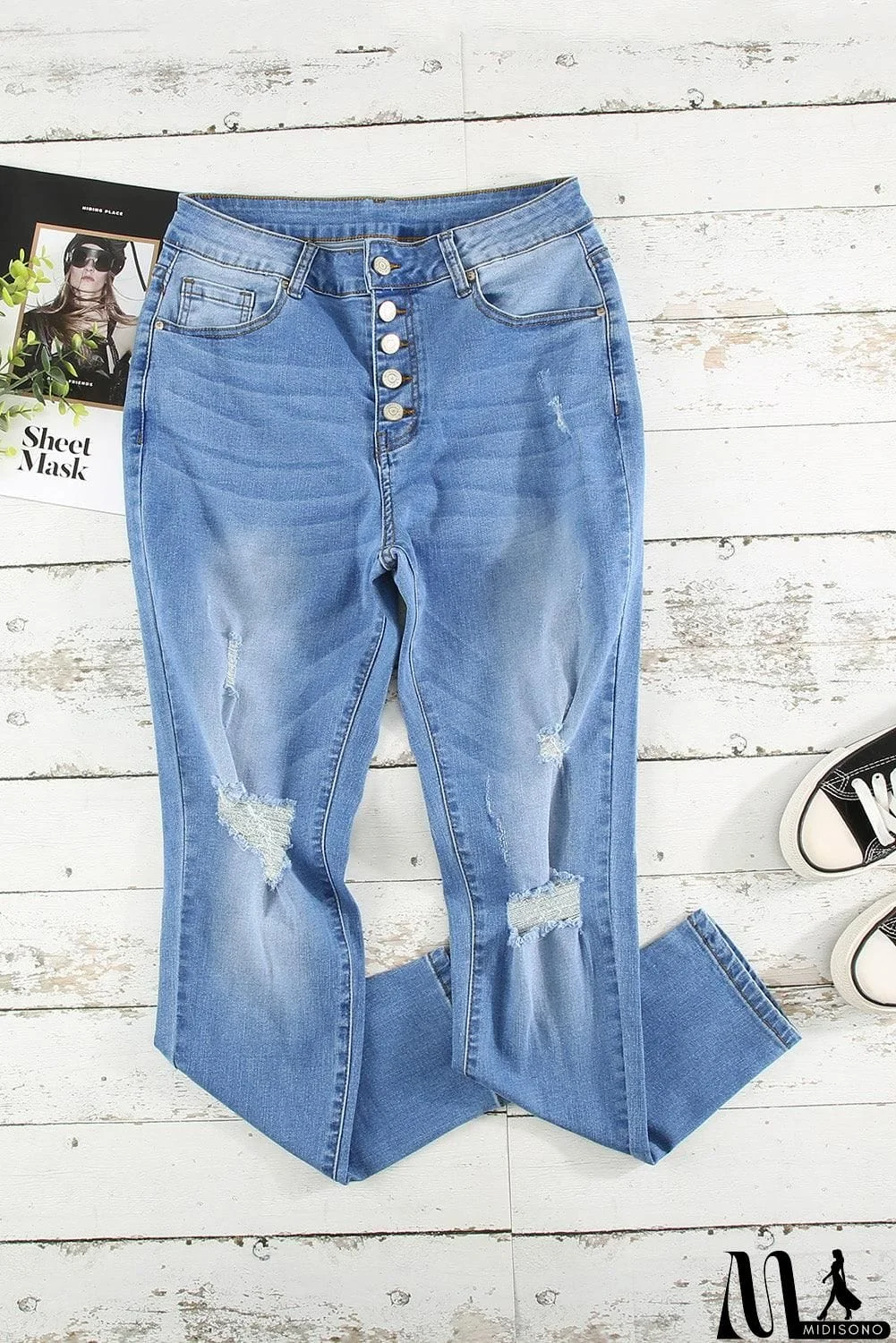MidiSono - Button Fly Distressed Jeans