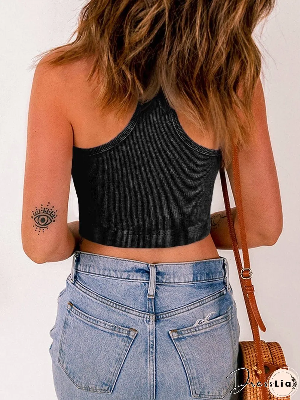 Edgy Black Mineral Wash Ribbed Racerback Crop Top