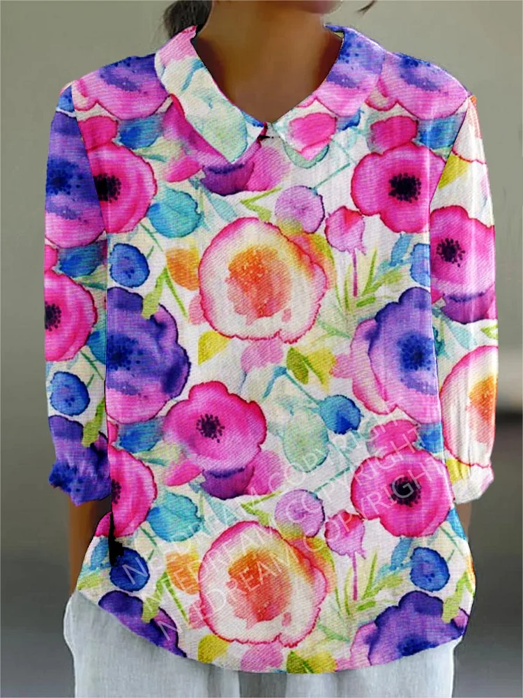 Womens Watercolor Floral Pattern Casual Cotton And Linen Top