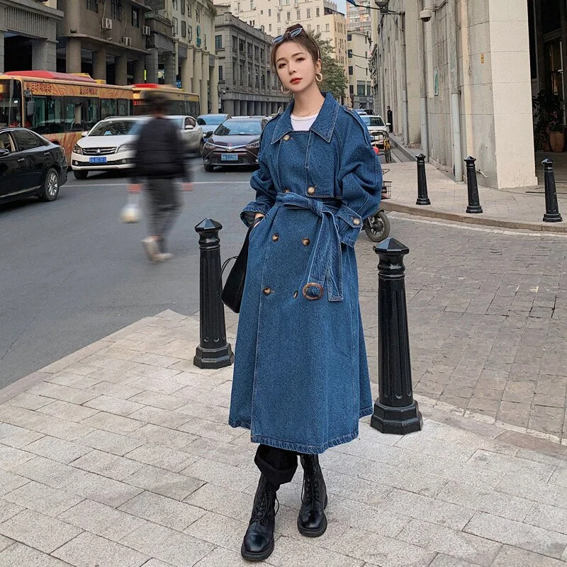 Brand New Elegant Long Women Denim Trench Coat Double-Breasted with Belt Lady Duster Coat Female Cloak Spring Autumn Clothes