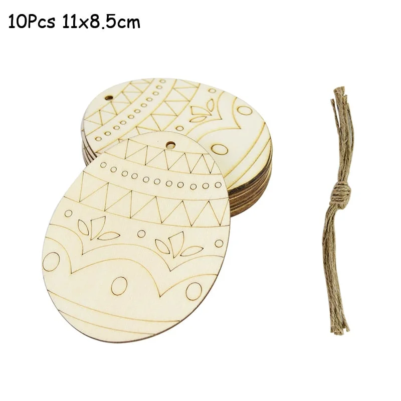 10pcs DIY Happy Easter Wooden Rabbit Egg Pendants Unfinished Crafts Hanging Ornament With String For Home Easter Decoration Kids