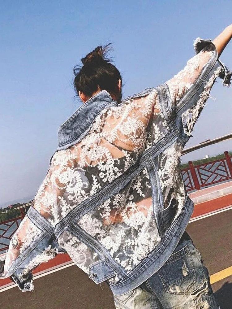 Casual Embroidery Lace Patchwork See Through Denim Jacket