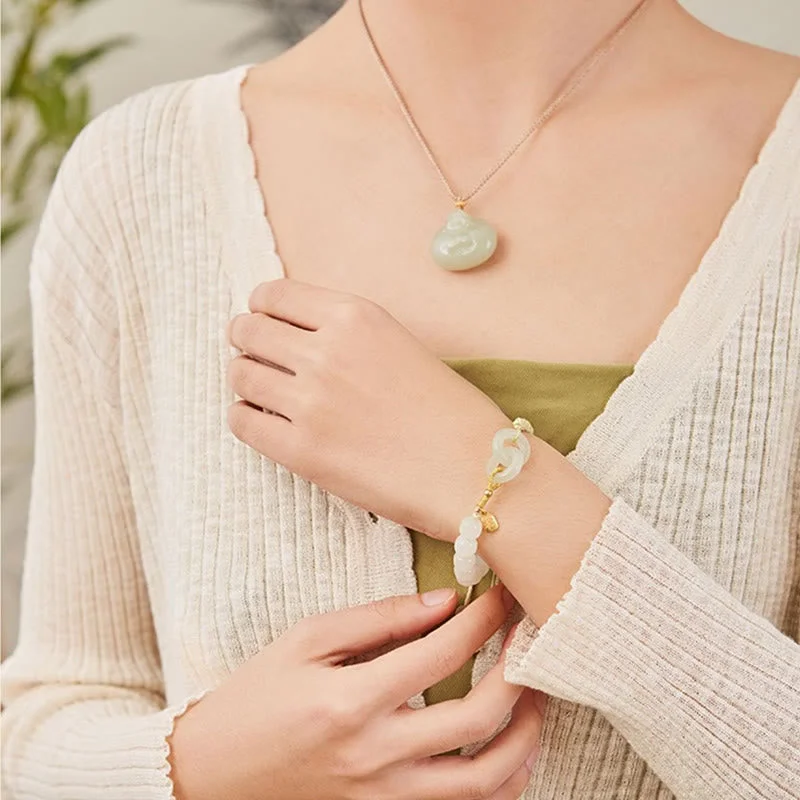 Natural Hetian Jade Bead Double Peace Buckle Fu Character Abundance Braided Bracelet