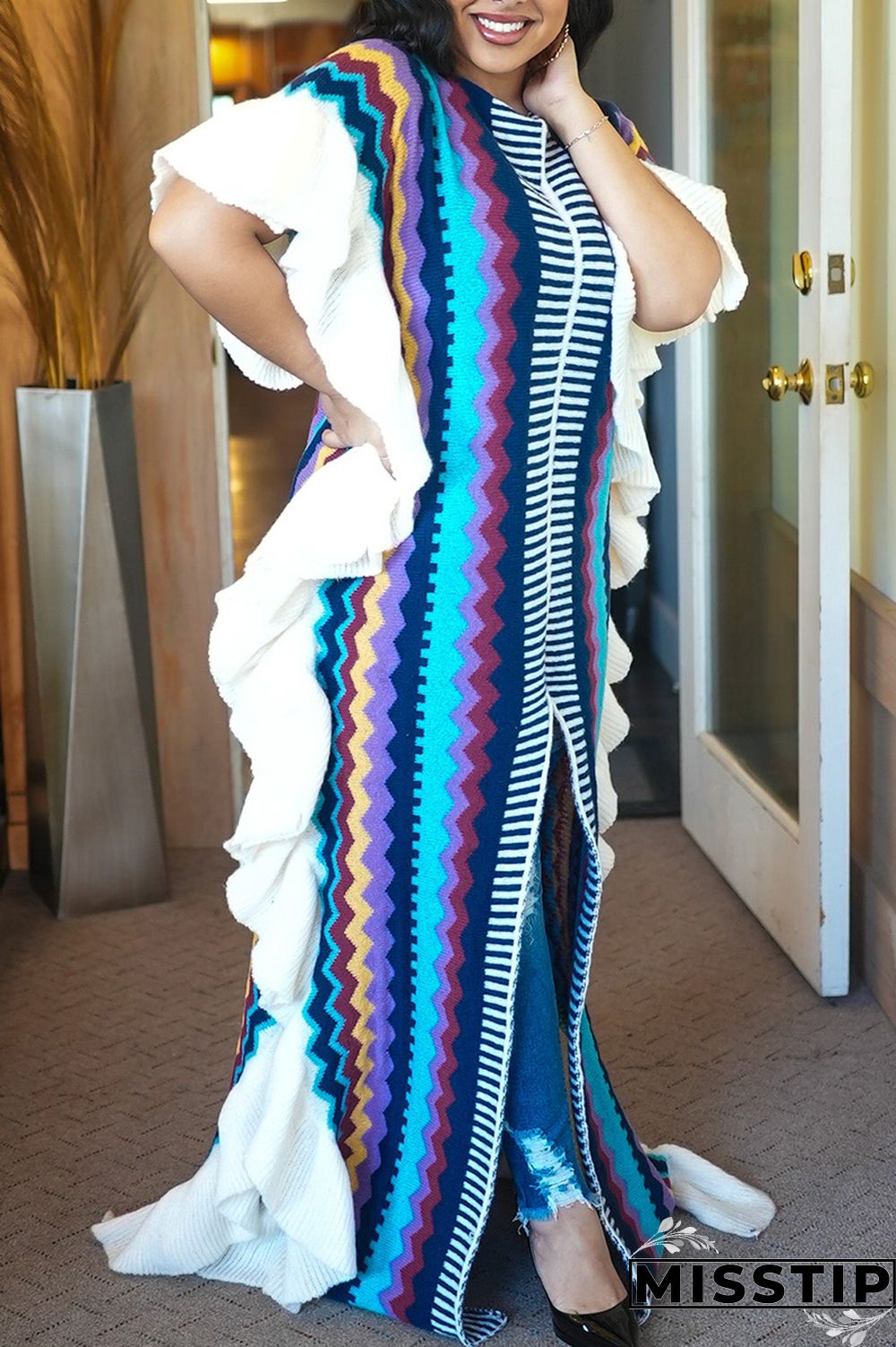 Blue Casual Print Patchwork Flounce Slit O Neck Straight Dresses