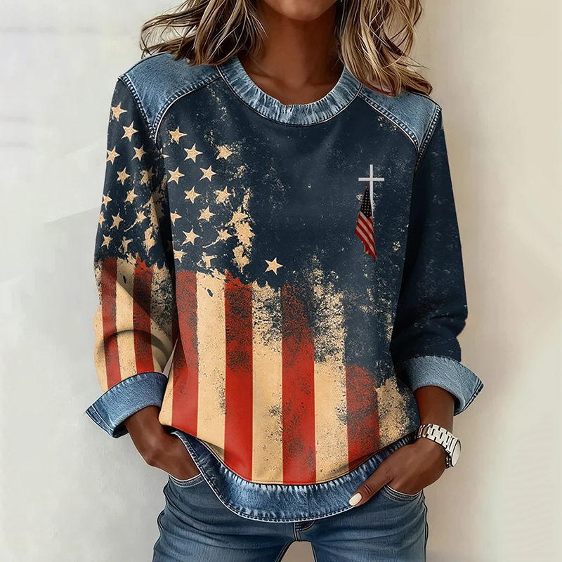  Women's Vintage American Faith Cross Color-blocked Sweatshirt Westsshops