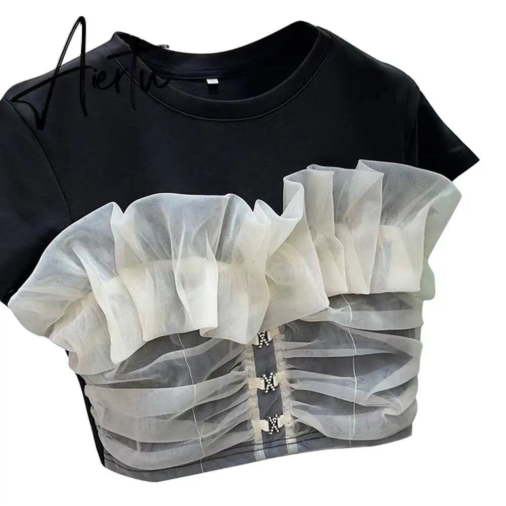 Ruffles Hit Color T Shirts For Women Round Neck Short Sleeve Casual Loose T Shirt Female Fashion Style Clothing New Aiertu
