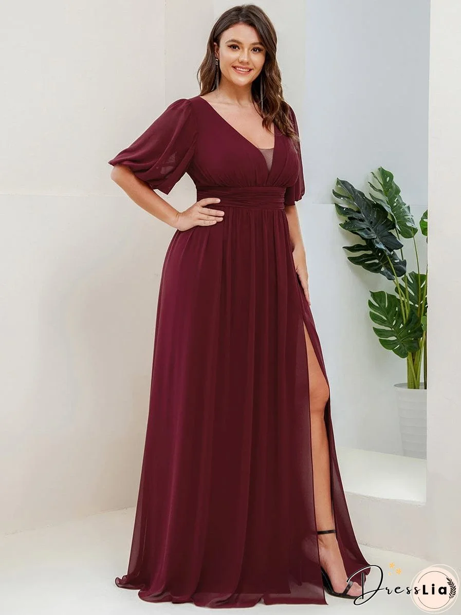Elegant Deep V-Neck A-Line Bridesmaid Dress with Half Puff Sleeves
