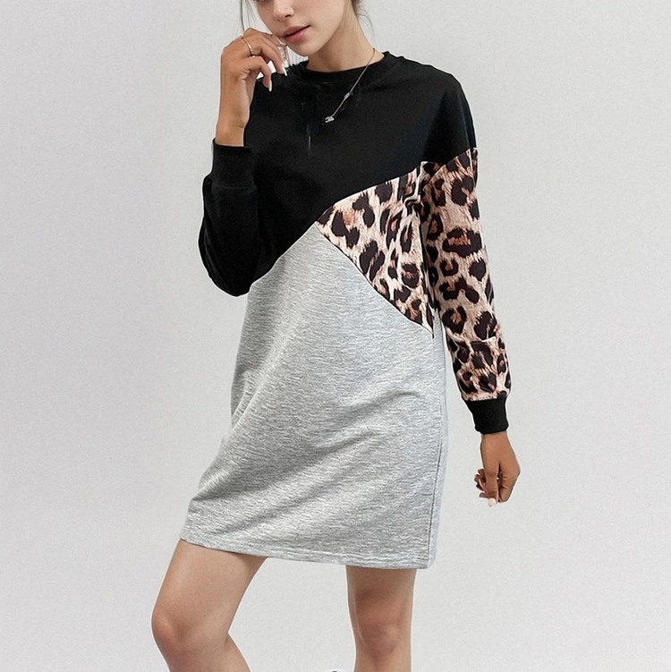 Delicate Multi-Colored Patchwork Leopard Print Details Long Sleeve Mini Dress