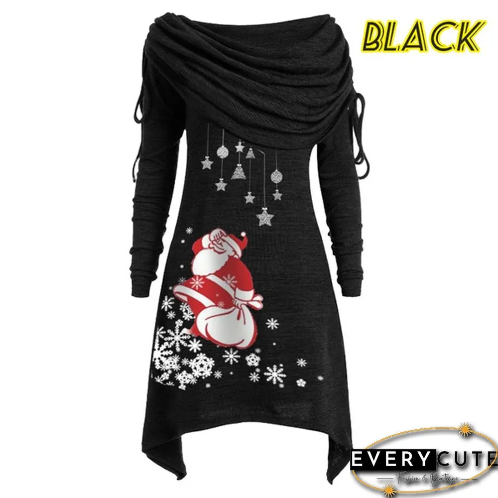 Womens Fashion Christmas Santa Claus Snowflake Print Ruched Foldover Collar Dress Cotton