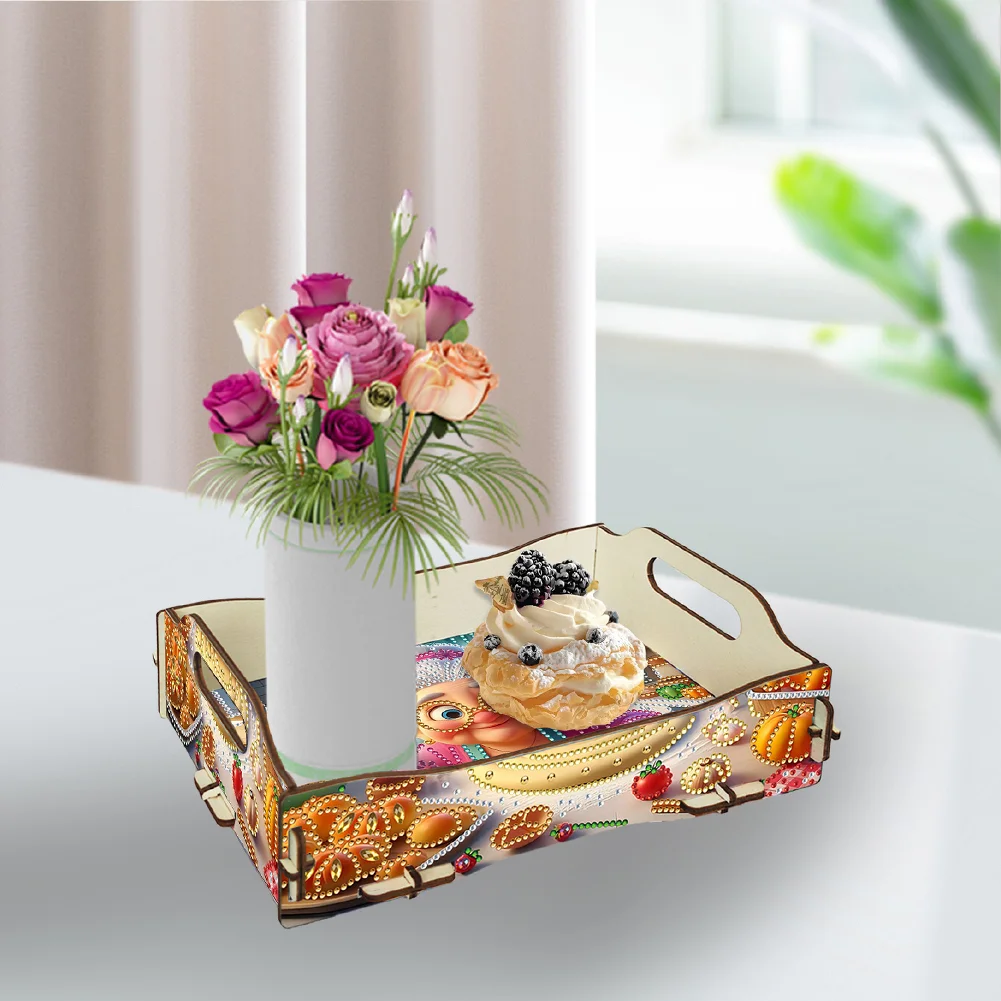 5D DIY Old Lady Diamond Painting Serving Tray with Handle for Coffee Table Decor
