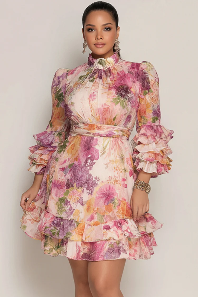 Xpluswear Design Plus Size Wedding Guest Pink Floral Mock Neck 3/4 Sleeve Ruffle Chiffon Mini Dresses [Pre-Order] 2024 - Xpluswear