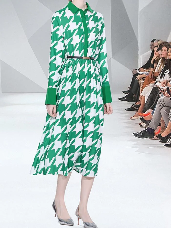 Fashion Lapel Long Sleeve Printed Dress