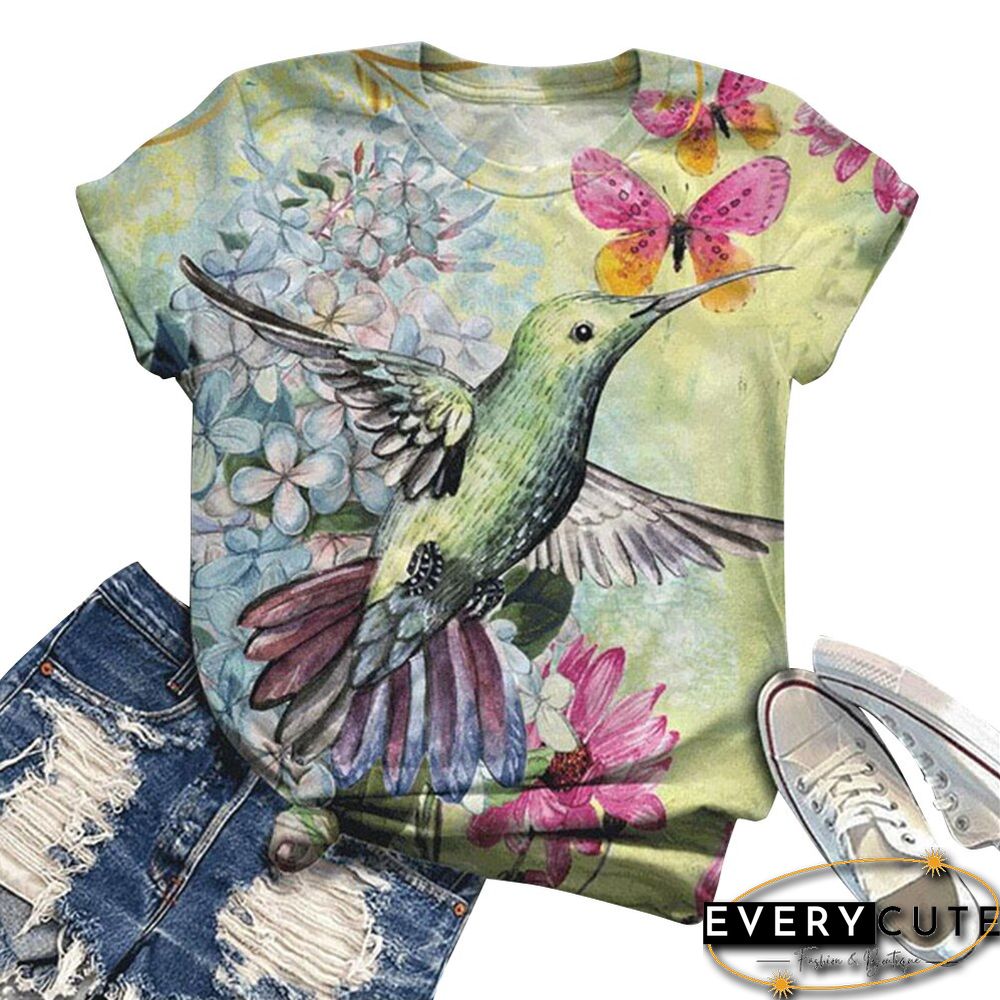 Summer Women New Fashion Bird Printed T-Shirts Short Sleeve Loose Tops Round Neck Harajuku Summer Ladies Shirts Streetwear D30