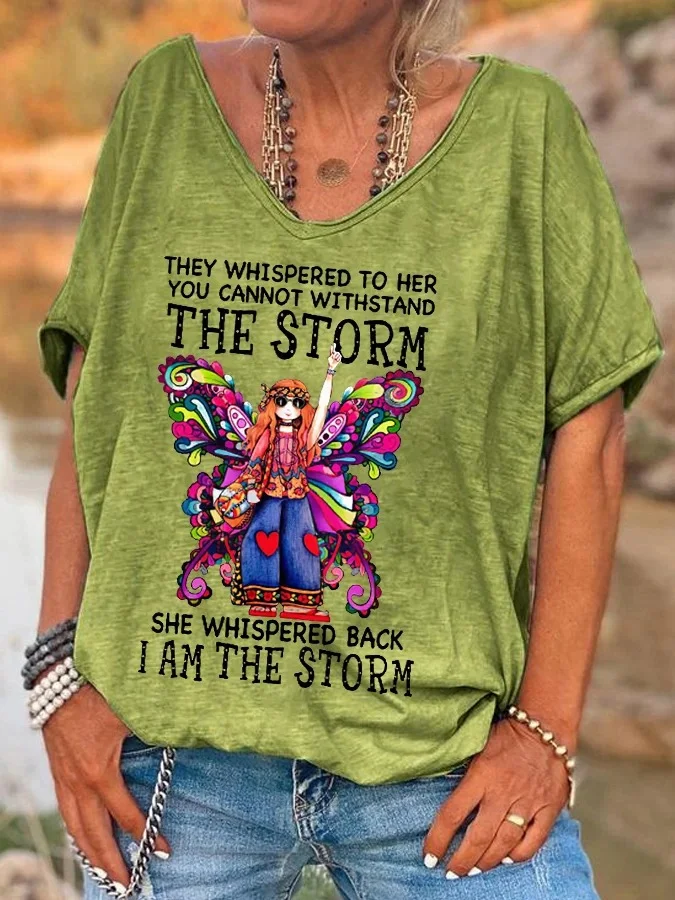 Women's She Whispered Back I Am The Storm Butterfly Graphic Hippie Casual V-Neck Tee