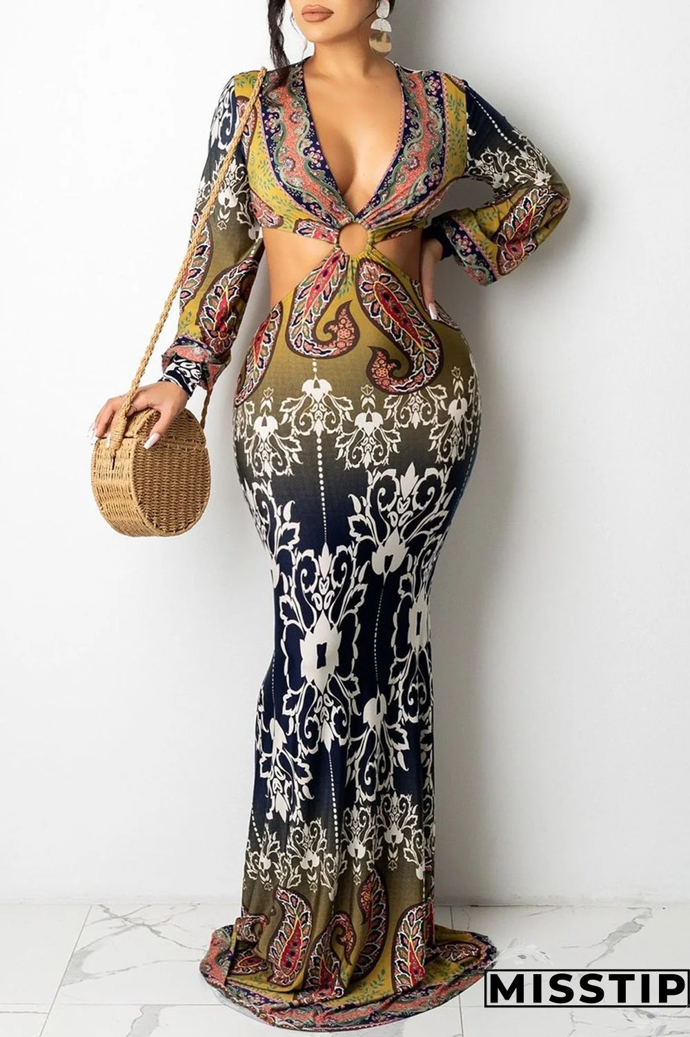 Tibetan Blue Sexy Print Hollowed Out Patchwork Backless V Neck Straight Dresses