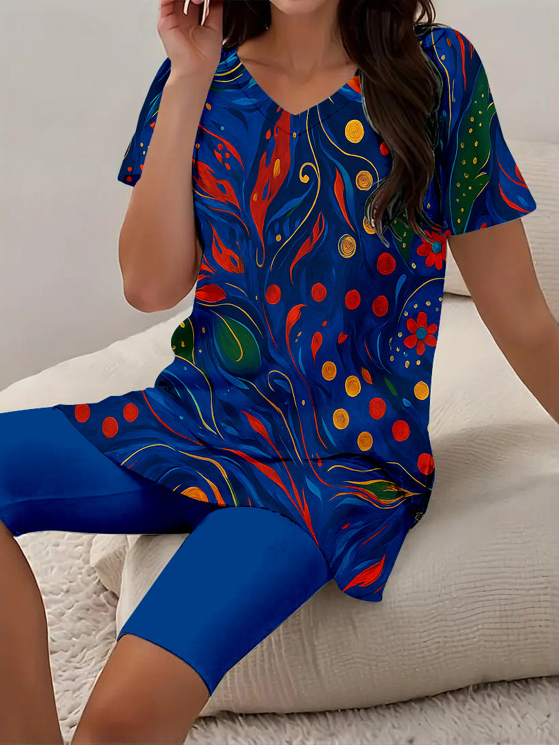 Women Long Sleeve V-neck Graphic Floral Printed Top