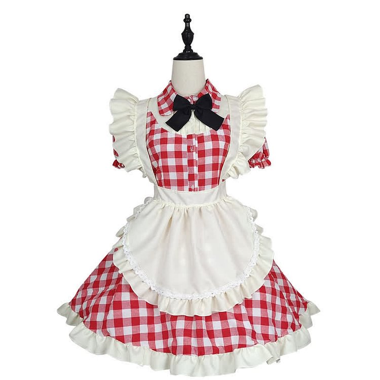 Lolita Bow Knot Ruffled Plaid Maid Dress - Modakawa Modakawa