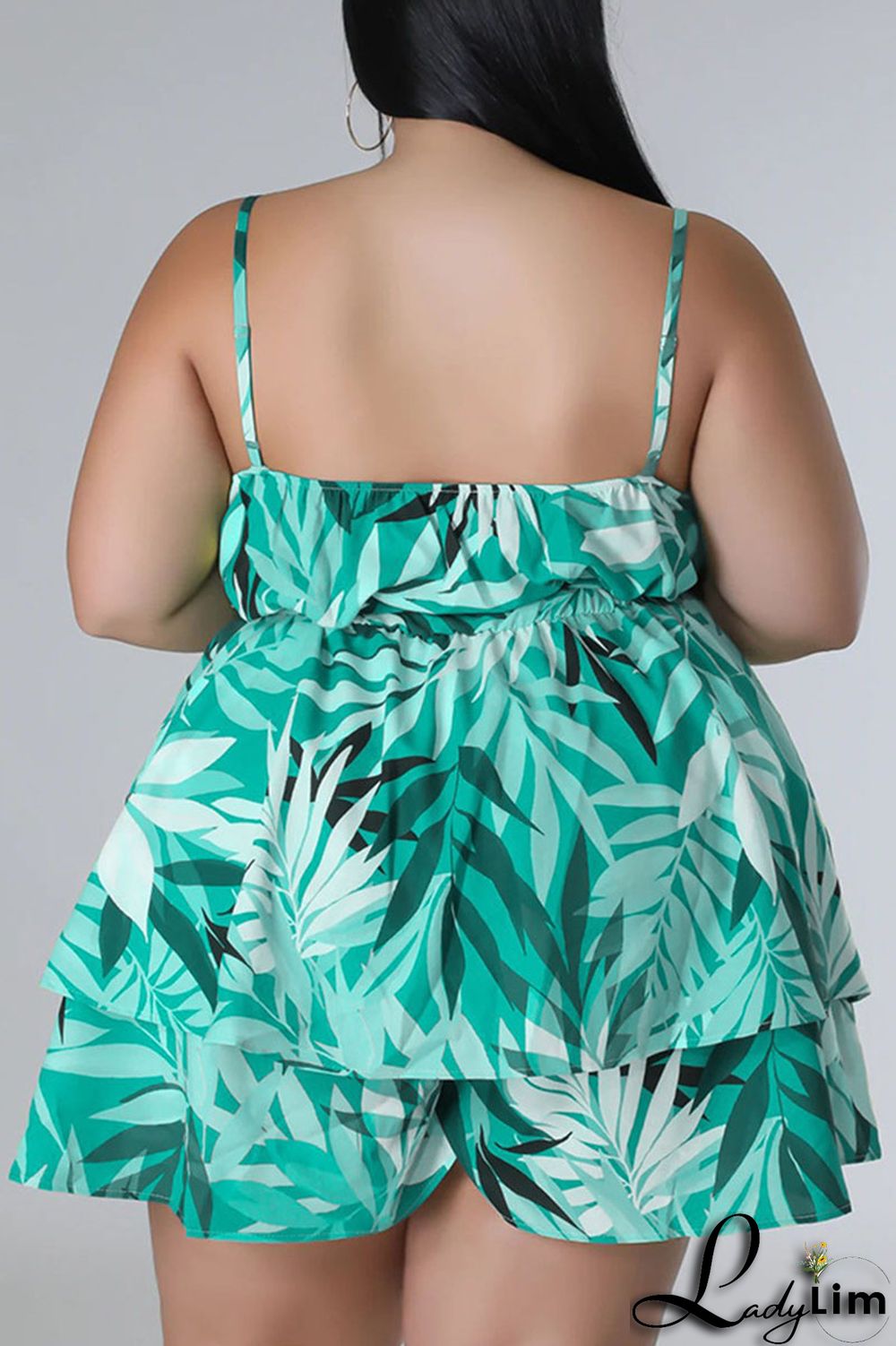 Blue Casual Print Patchwork Spaghetti Strap Plus Size Two Pieces