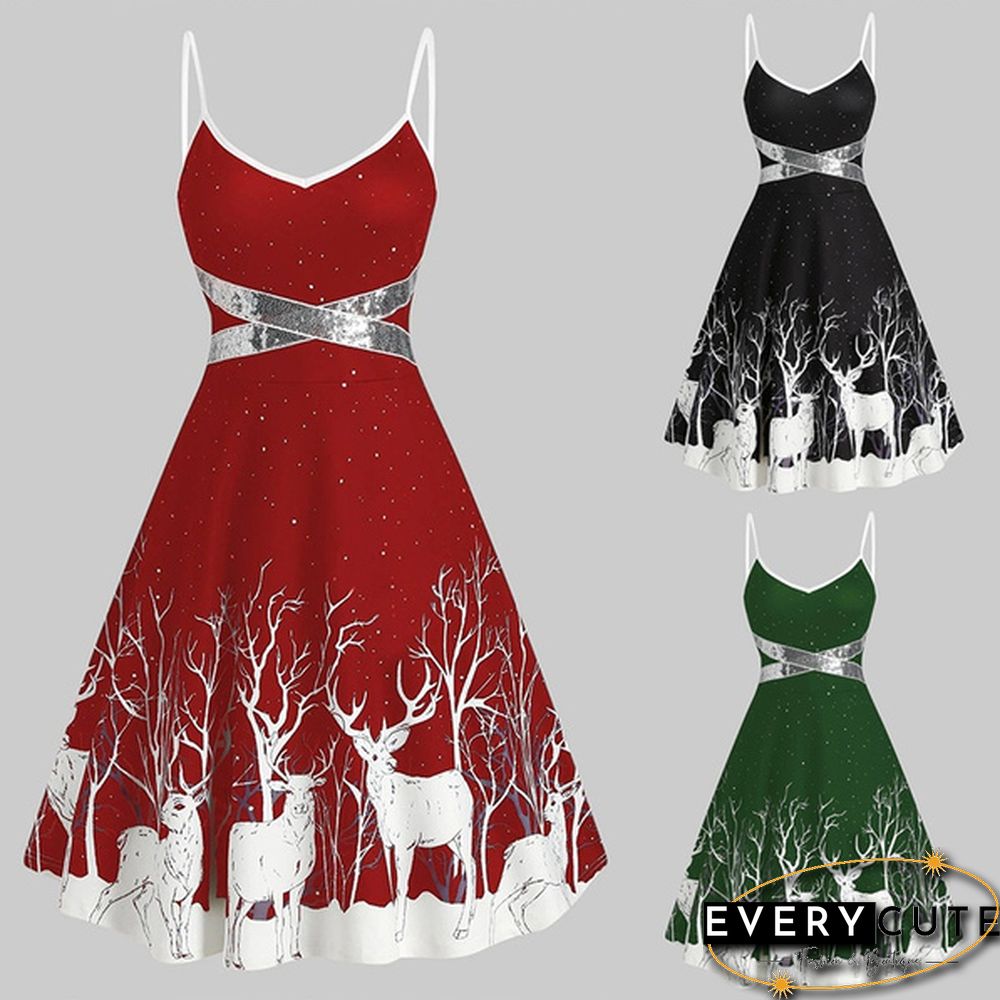 Christmas Print Sequin Patchwork Sleeveless Dress Santa Xmas Deer Skater Party Dresses