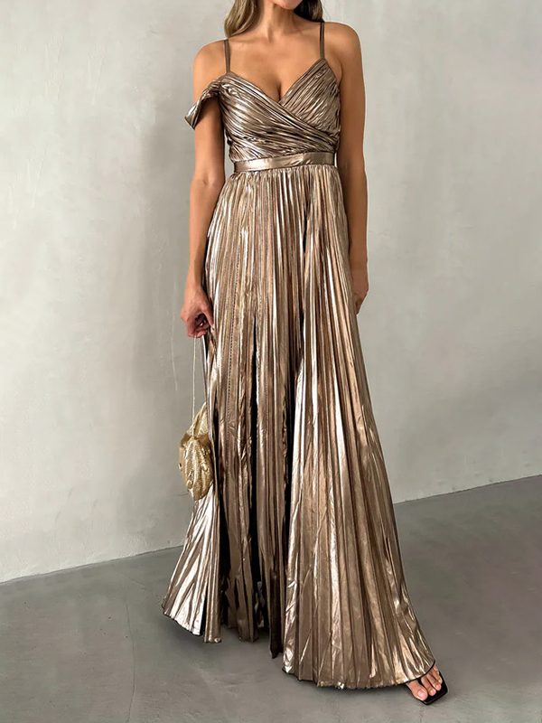 Ruched Strap V Neck Off Shoulder Pleated Maxi Dress