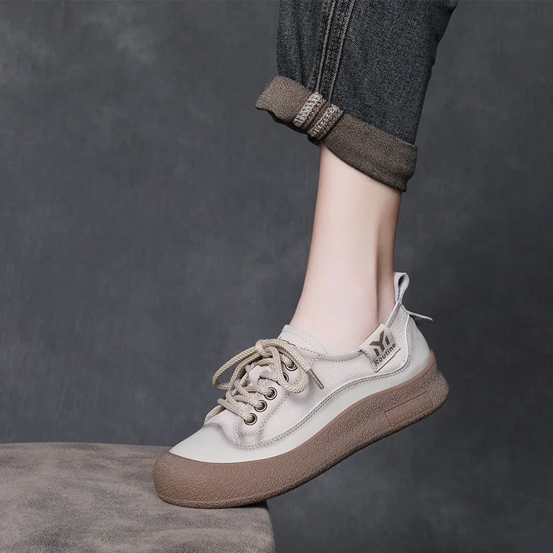 Yyvonne Layer Cow Skin Retro Thick-Soled Single Shoes Women 2025 Spring New Round Head With Soft Sole Casual Shoes