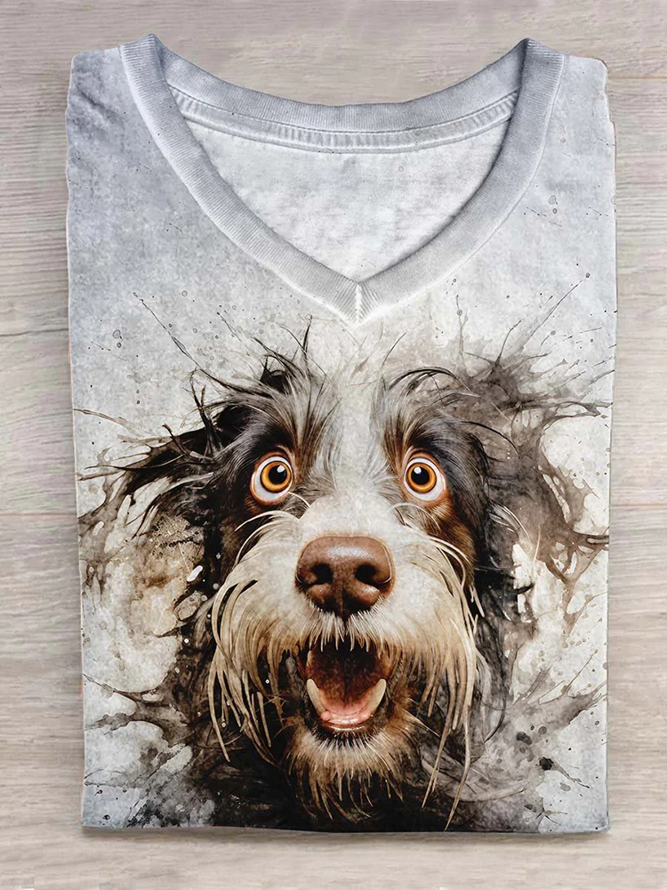 Comstylish Funny Dog Watercolor Art Print Casual T-Shirt