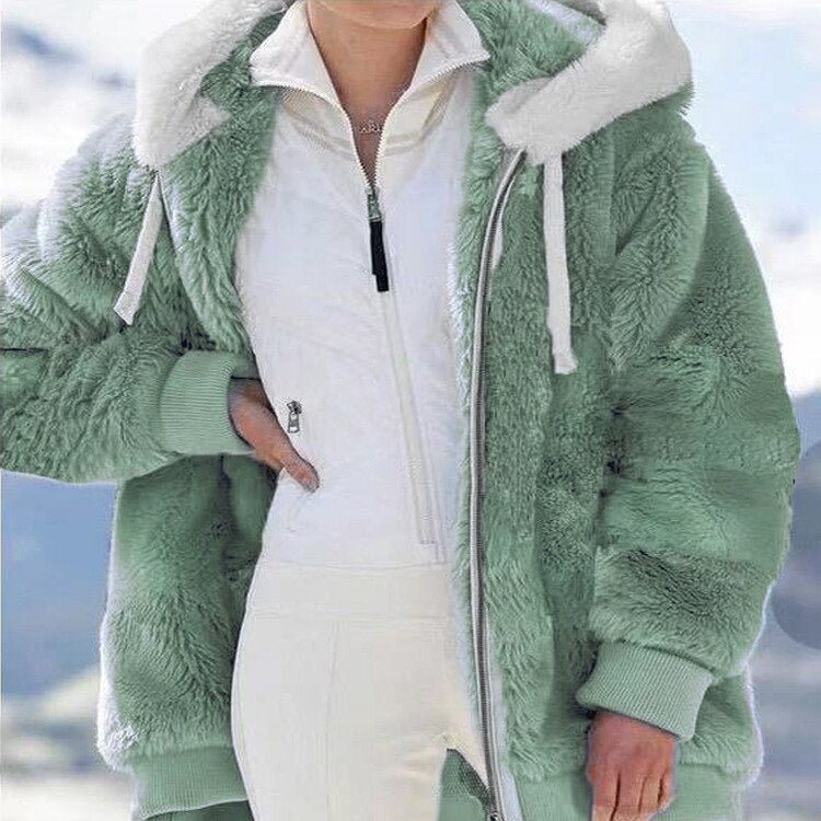 2021 New Plush Coat Women Autumn Winter Soild Fleece Warm Long Sleeve Hooded Jacket Female Casual Furry Zipper Pockets Overcoat