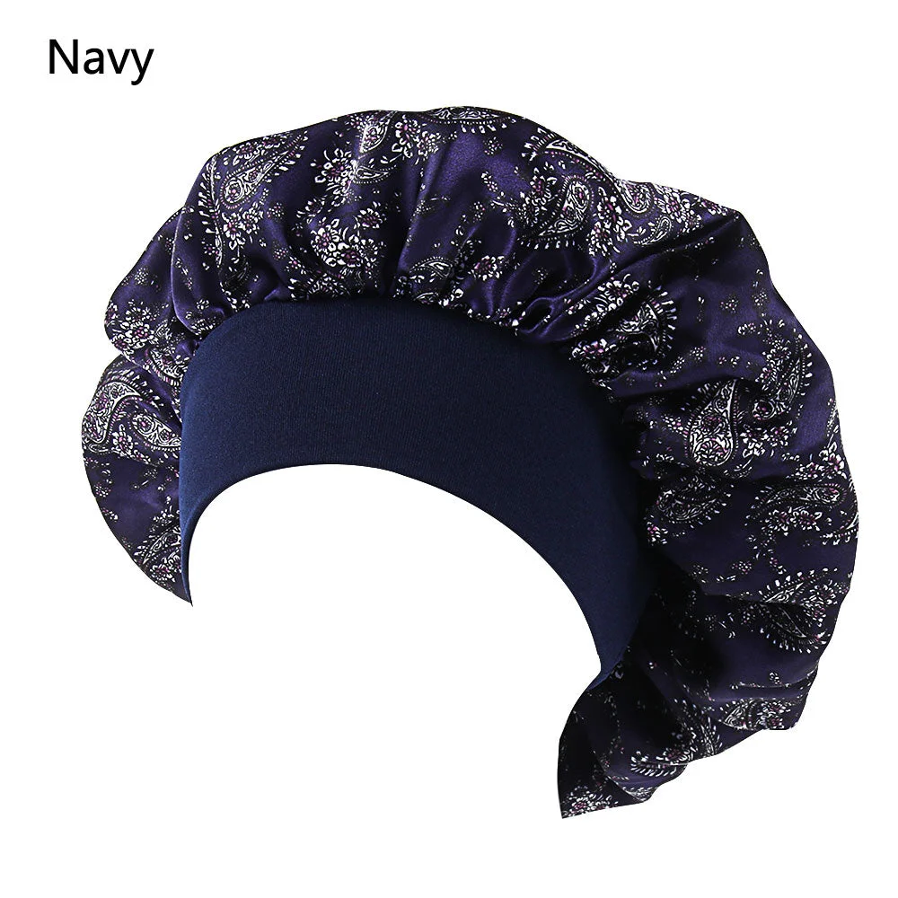 Printing Satin Bonnet For Women Elastic Wide Band Night Sleep Satin Hat Chemo Caps Hair Loss Cover Fashion Head Wrap Hair Care