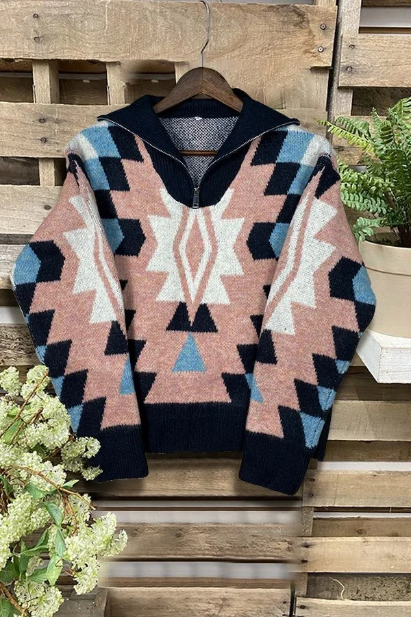 Turtleneck Half-zip Geometric Pattern Sweater