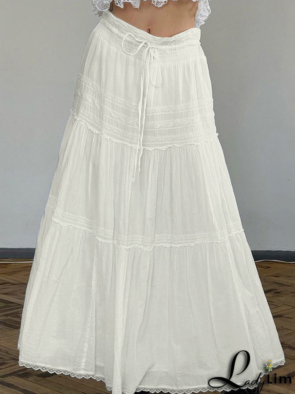 French Lace Splice Drawstring Maxi Skirt