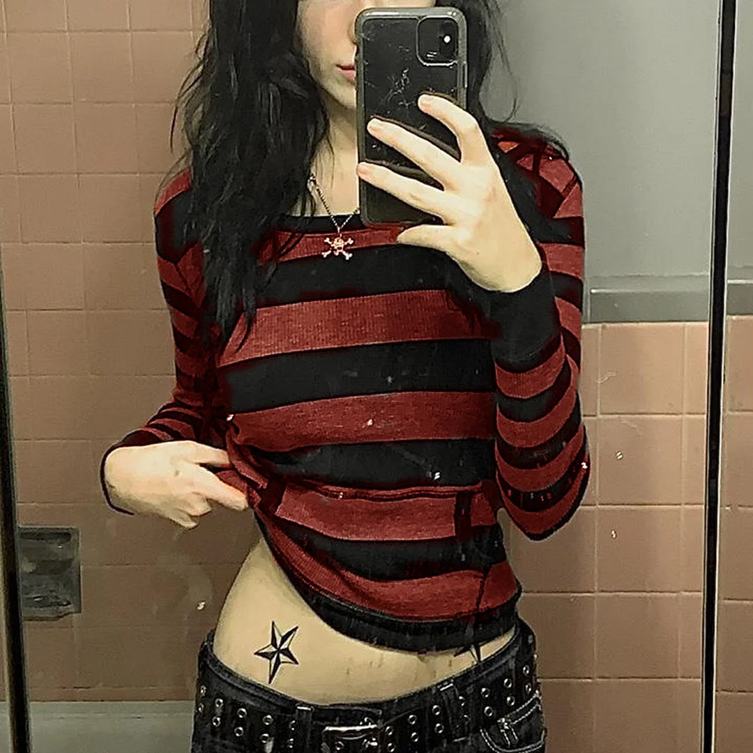 Tawnie 2022 Goth Fairycore Grunge Striped Hooded T Shirt Women Vintage Aesthetic Long Sleeve Tee Tops Y2K Casual Hoodie Tees