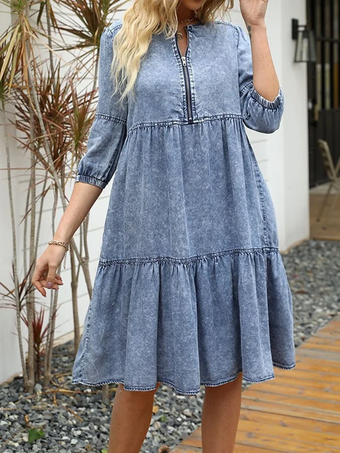 Round Neck Zipper Patchwork Denim Dress
