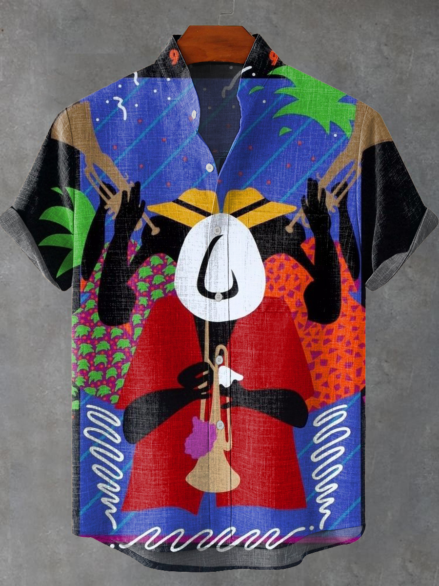 Vintage Abstract Black Jazz Music Performance Illustration Art Print Casual 100% Cotton Shirt