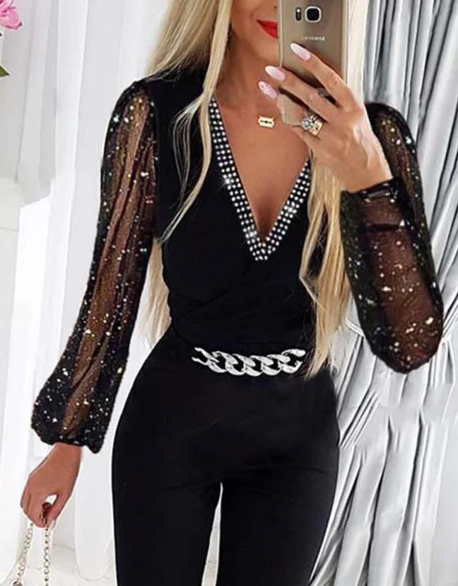 Nncharge Party Jumpsuit for Women 2023 Autumn Fashion Chain Decor Contrast Mesh Plain Long Sleeve V-Neck Long Work Jumpsuit