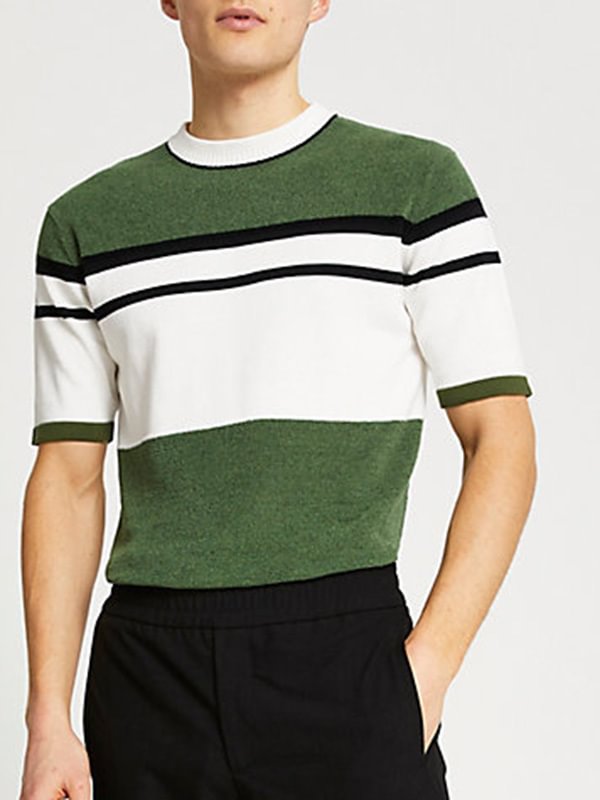 Mens Colorblock Round Neck Green T-shirt