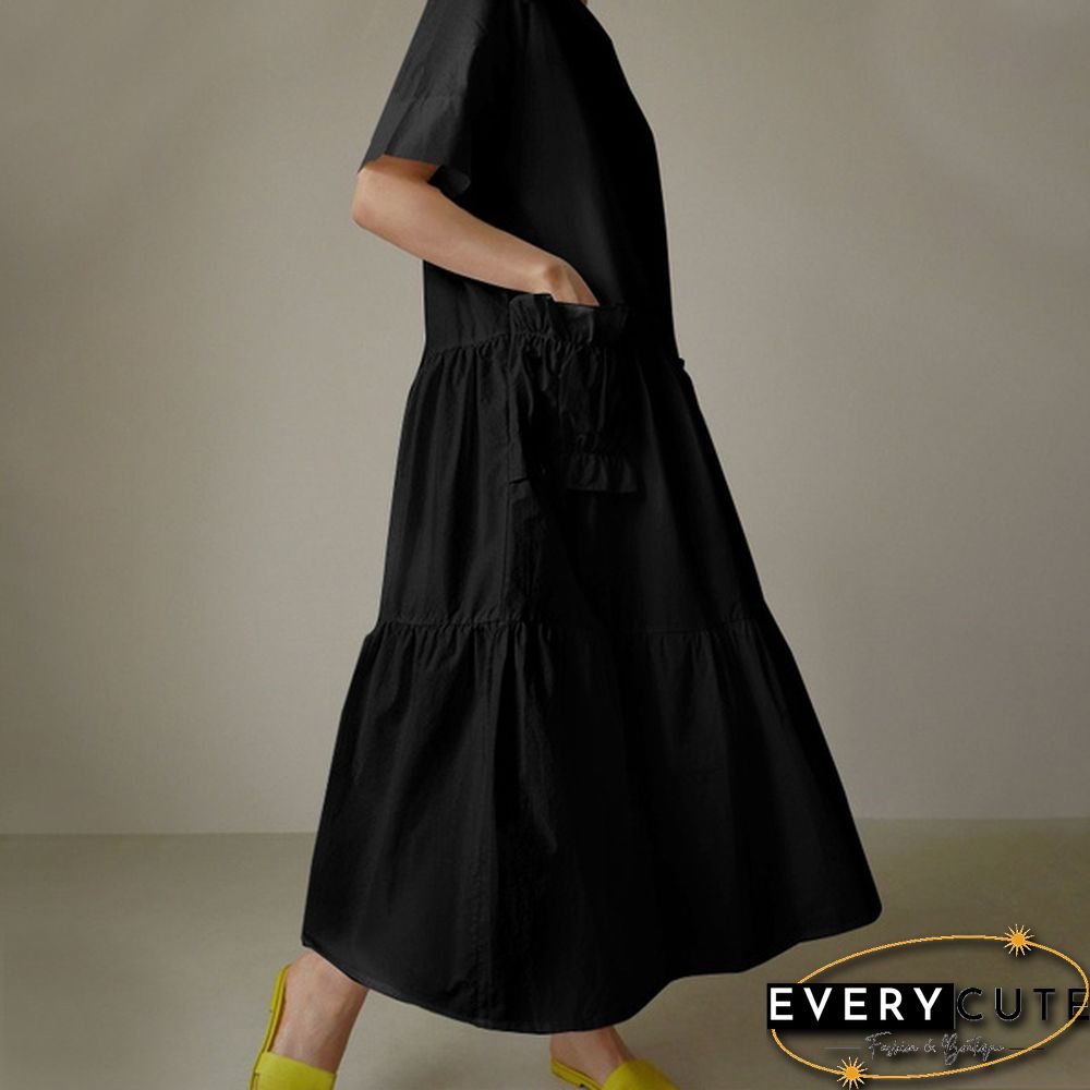 Women Summer Short Sleeved Ruffled Hem Casual Loose Long Dress Solid Color Dresses