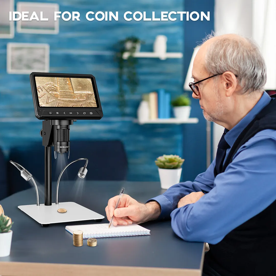 BEBANG 7" Coin Microscope for Adults Kids, LCD Digital Microscope with 10 LED Lights, PC View