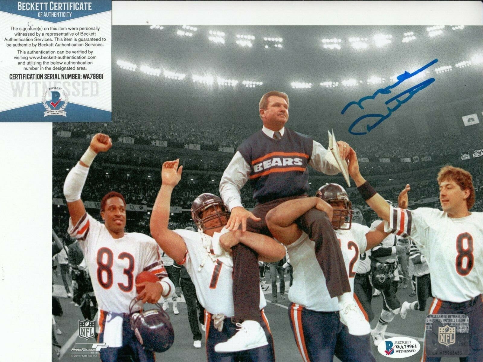 MIKE DITKA signed (CHICAGO BEARS) Super Bowl XX 8X10 Photo Poster painting BECKETT BAS WA79961