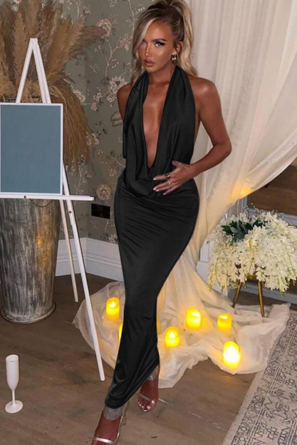 Lisliy Black Halter Deep V-Neck Prom Dress 