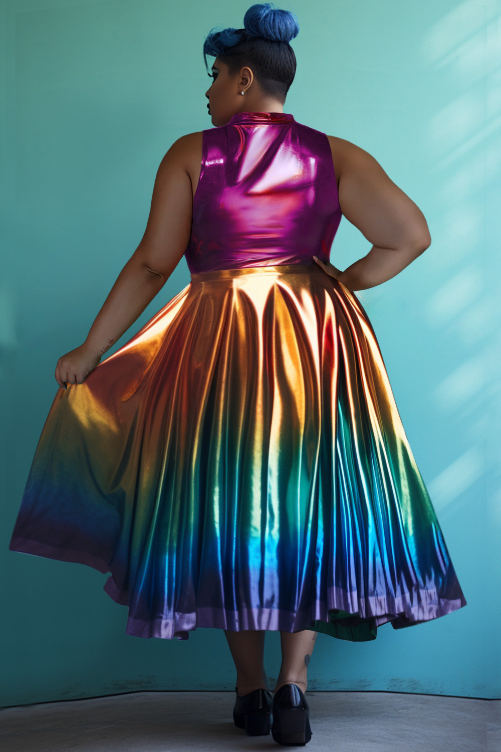 Design Plus Size Party Multicolor Gradient Mock Neck Pleated Metallic Two Pieces Skirt Set [Pre-Order]