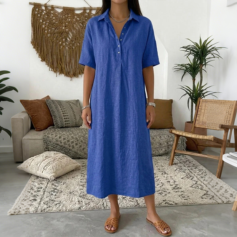 Comstylish Women's Solid Color Lapel Linen Blend Shirt Midi Dress