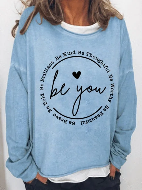 Be You Women Long Sleeve Round Neck Letter Print Fake Two-Piece Top Sweatshirt