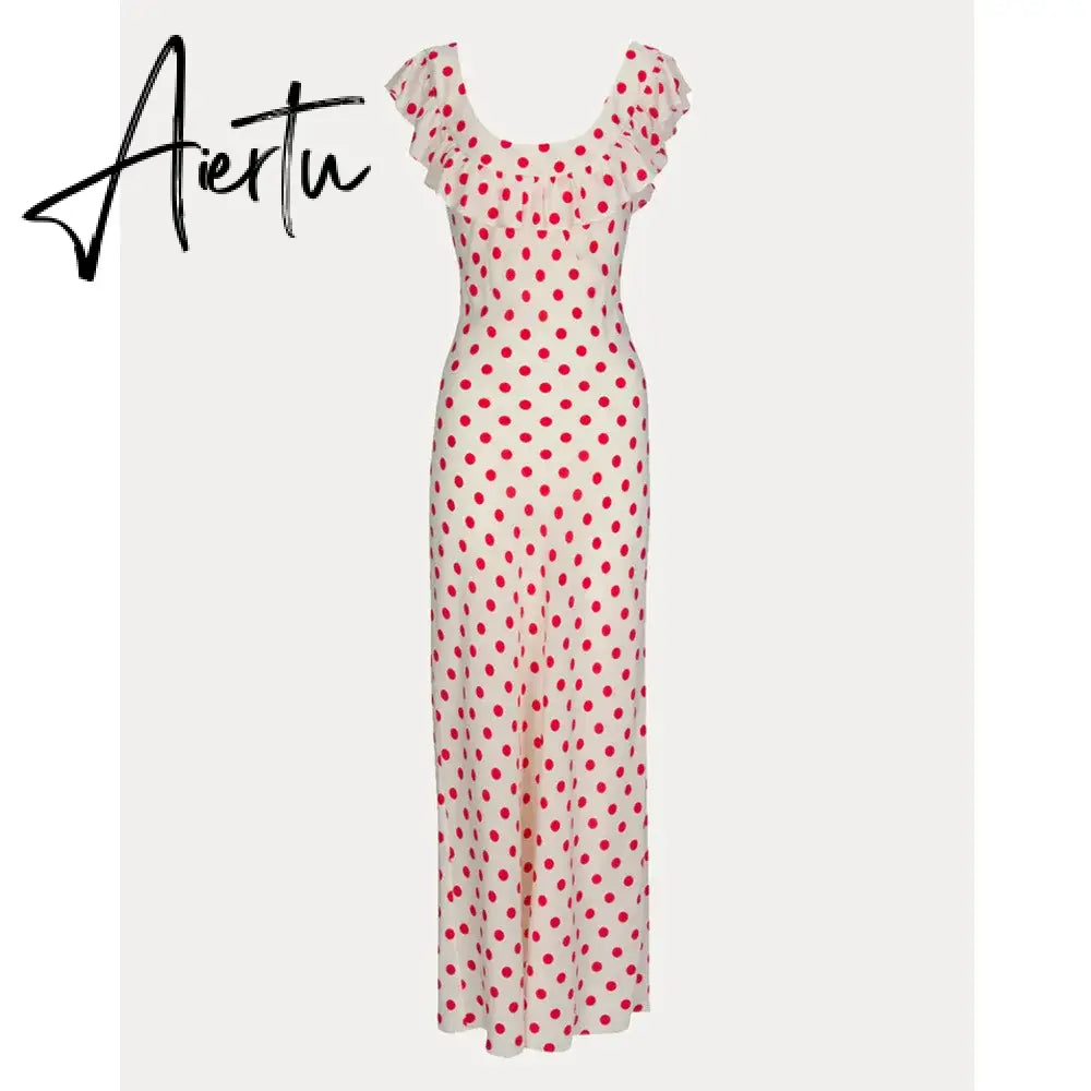 Polka Dot Ruffles Bandage Maxi Dress Women Off Shoulder Slim Elegant Party Dress Summer Beach Holiday Sundresses Aiertu