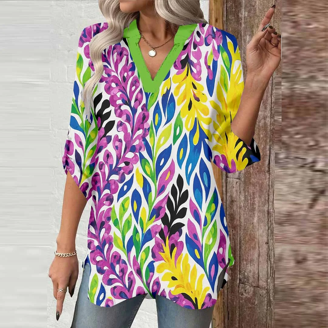 Women Graffiti Purple,  Blue,  Yellow DZGA0411 3/4 Sleeve V-neck Printed Graphic Button Tops