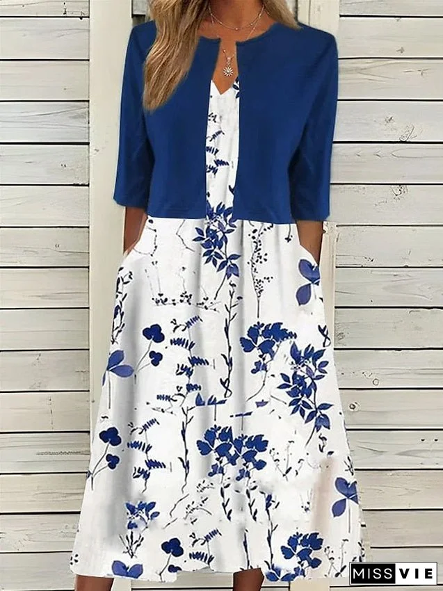 Women's Two Piece Dress Set Casual Dress Print Dress Daily Vacation Fashion Elegant Pocket Print Midi Dress Crew Neck Half Sleeve Floral Regular Fit Black Navy Blue Green Summer Spring S M L XL XXL