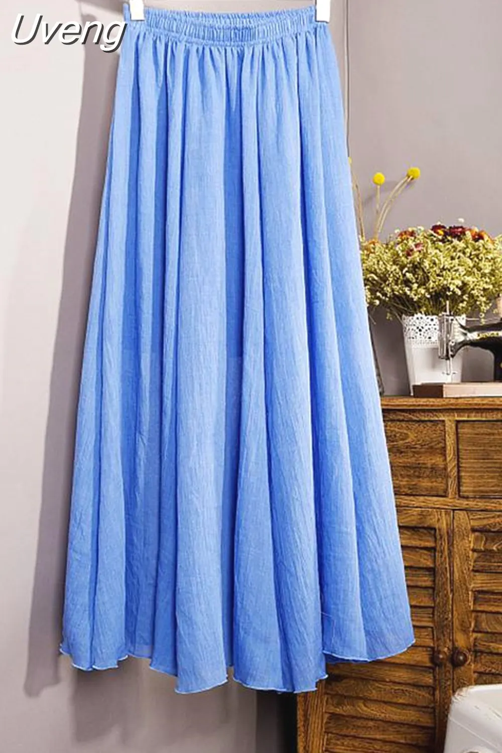 Uveng Women's Elegant 16 Color High Waist Elastic Waist Linen Pleated Long Skirts Ladies Slim Casual Skirt Saias New 2023 Summer SK05
