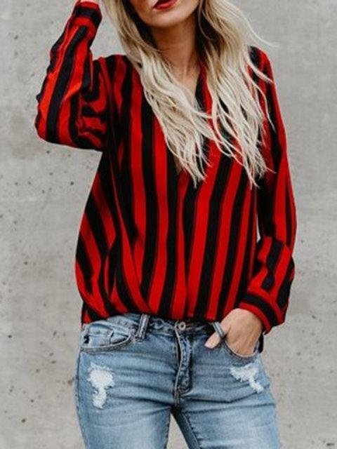 Red Stripes Chiffon Long Sleeve Shirts Blouse