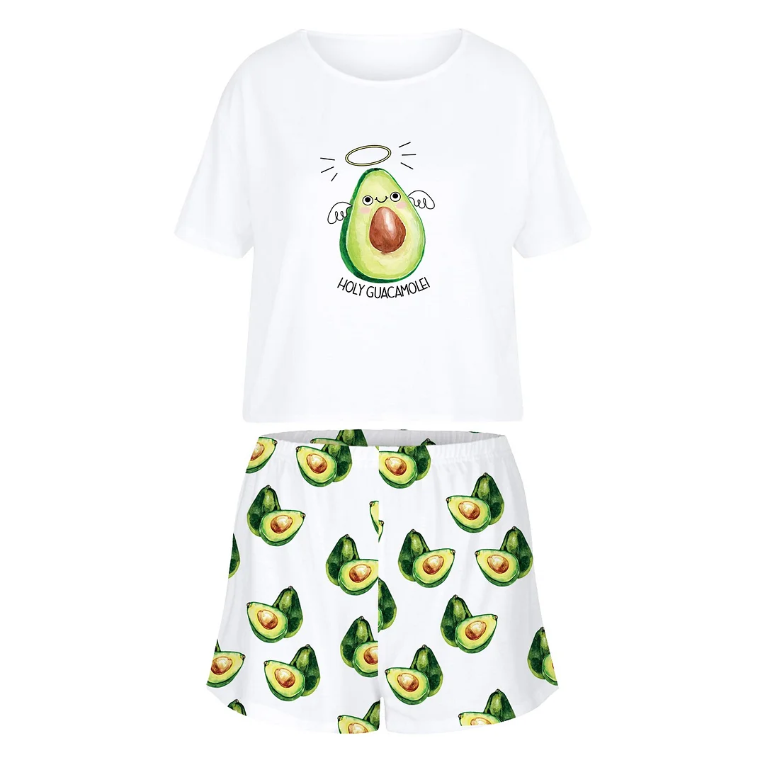 ATUENDO Summer Avocado Pajama Sets for Women Fashion Kawaii Cute Cartoon Satin Soft Sleepwear Atoff Home Silk Lounge Nightwear